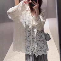 Womens V-neck Hollow-Out Crochet Long-Sleeve Lace Shirt