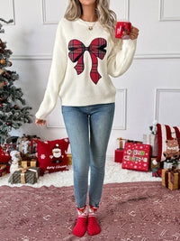 Women's Bow Plaid Embroidered Round Neck Sweater