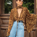 Leopard-print Hollow-out Small Stand-up Collar Long-sleeve Shirt