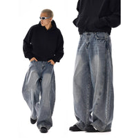 Mens Multi-Pocket American-Style Loose Straight-Leg Retro Wide-Leg Denim Jeans