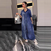 Spring Summer Mid-Length Denim Printed Dress