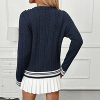 V-neck Cable-knit Sweater European And American Women's Clothing College Style Contrast Color Pullover