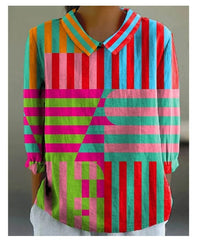 European And American Style Long-Sleeve Chinese-Style Bamboo-Stripe Linen Lapel Printed Fashionable All-Match Shirt