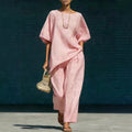 Short-sleeve Top With An Asymmetrical Hem And Wide-leg Pants Set