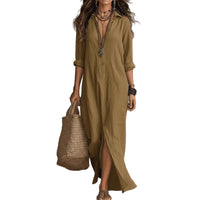 Casual Solid-color Lapel-front Slit Maxi Dress