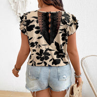 Retro Floral Print V-neck Lace Trim Peplum Blouse