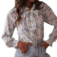 Spring Summer Printed V Neck Lace Up Long Sleeve Top For Women