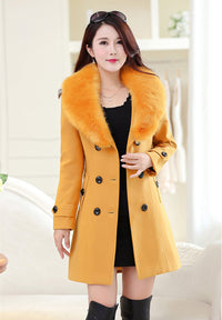 Large fur collar woolen coat