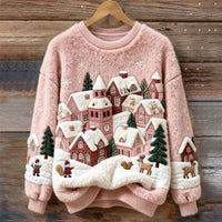 Womens 3D DigitalPrint Flannel Crewneck Sweatshirt For FallWinter