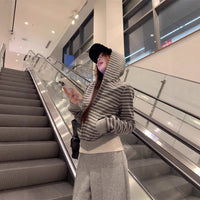 Gray Striped Hooded Sweater Women's Loose Casual
