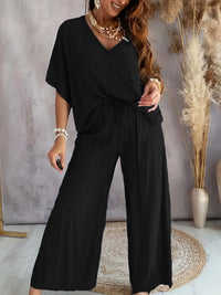 V-neck Batwing-sleeve Top And Loose Wide-leg Pants Solid-color Casual Womens Set