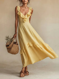 Elegant And Chic Cotton-Linen Dress With Ruffled Flutter Sleeves And A Flowing Hem