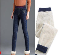 Outer wear warm stretch and fleece elastic waist jeans