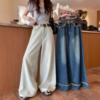 Retro Raw Hem Jeans Women's Loose High Waist Wide Leg Pants