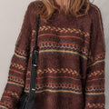 Brown Ethnic Pattern Mohair Knitted Drop Shoulder Sweater