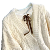 Womens Solid-Color Loose Soft Textured Cable-Knit Sweater Jacket