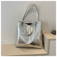 Simple Portable Large Capacity Texture Shiny Shoulder Bag Personality Soft Pu Paint Commuter Tote