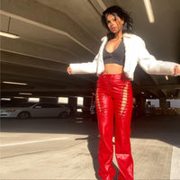 Women's High Waist Hollow-out Strap Straight Ankle Tied Leather Pants