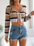 Hollow-out Color-block Striped Lace-up Long-sleeve Cropped Knit Cardigan Sun Protection Shirt