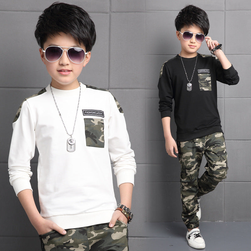 Boys cotton camouflage sports long-sleeved suit in the big children two sets of tide