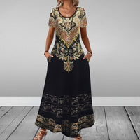 Round-neck Short-sleeve Printed Dress With Patch Pockets