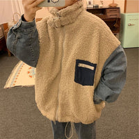 Denim-paneled lambskin coat