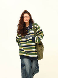 Vintage Matcha Green Striped Sweater Polo Collar Jacket