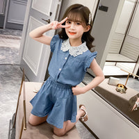 Girls' summer lace collar denim suit
