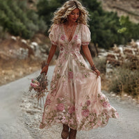 Womens 3D-printed Plant And Floral Retro Elegant V-neck Maxi Dress