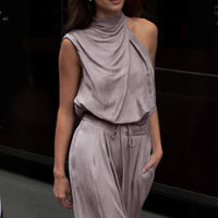 Womens Fashion Solid Color Turtleneck Sleeveless Top High-Waist Straight-Leg Wide-Leg Pants Set