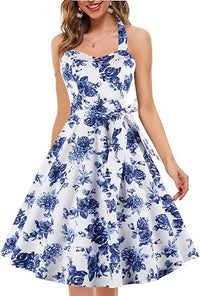 Womens Neck-Hanging Tube Top Sleeveless Printed Retro Maxi Dress