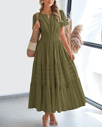 Vneck Pleated Puff Sleeve Layered Maxi Dress For Women