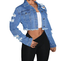 Wash Long Sleeve Lapel Ripped Burr Denim Coat