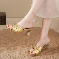 Square Toe High-heeled Sandals, Women's Shoes, Belt Buckle, Metal Hollow Square Heel Slippers