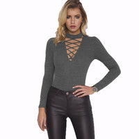 Long-sleeved sexy halter neckline chest strappy jumpsuit