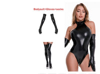 PU Patent Leather Zip Pants Shiny  Bodysuit