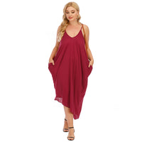 V-neck Slip Dress Irregular Loose Womens Dress With Two Pockets