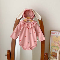 Ruffled Collar Bottom-covering Rompers Newborn 0-2 Years Old Cherry Print Long Sleeve Jumpsuit