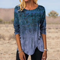 3D Digital Retro Printed Button Irregular Hem Round Neck Long Sleeve