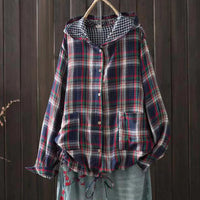 New Korean-style Oversized Artistic Retro Casual Plaid Cotton-linen Double-layer Shirt With A Hood