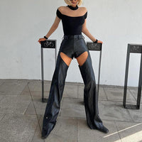 Hollow Pu Leather Pants Women's Loose Straight Black Trousers
