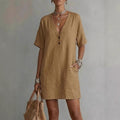 Casual Comfortable Cotton-Linen Pocket Dress With Buttons