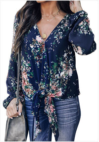 Fashion Shirt V-neck Long Sleeve Knotted Vintage Print Top For Women