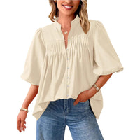 Loose Style Button Shirt Casual Pleated V-neck Shirt