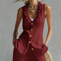 Linen Blend Sleeveless Vest Top Button-Front V-Neck Blouse For Women