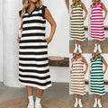 Striped Pocketed Lapel Sleeveless Maxi Dress