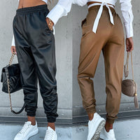 Temperament Mid-length Casual Leather Pants Pocket Women