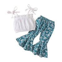 Girl's Lace Up Short Top And Printed Flare Pants Suit