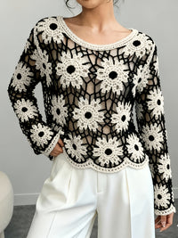 Womens Crochet Hollow-Out Knitted Pullover Top With Long Sleeves
