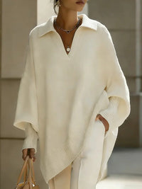 Lapel-collar Loose-fit Solid-color Sweater With Lantern Sleeves